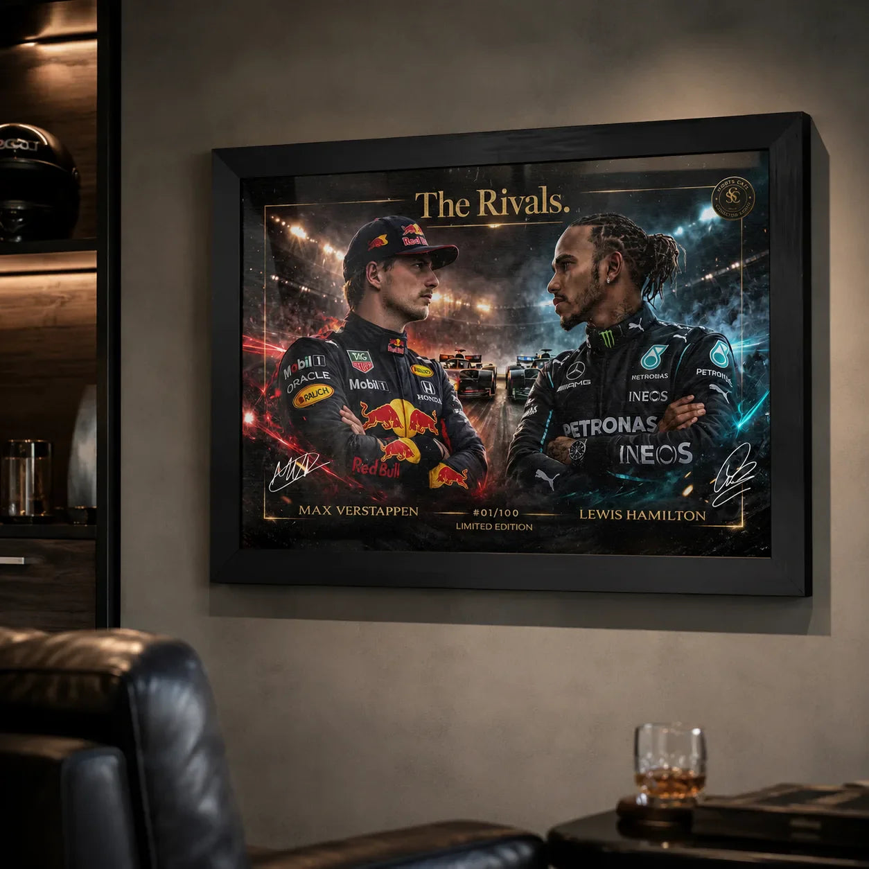 The Rivals Verstappen vs Hamilton motorsport wall art displayed in a dark man cave for serious racing collectors.