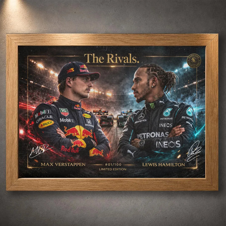 Oak framed The Rivals Verstappen vs Hamilton Formula 1 wall art for collectors of iconic modern racing rivalries.