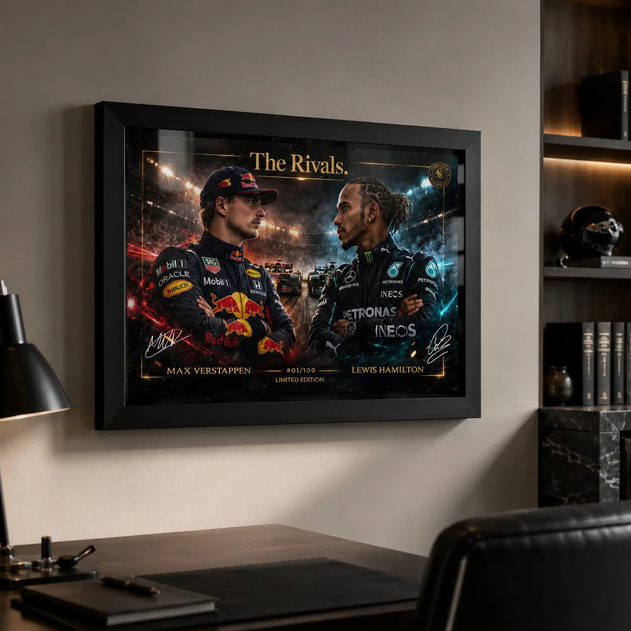 The Rivals Verstappen vs Hamilton framed sports memorabilia styled in a premium office for dedicated F1 collectors.