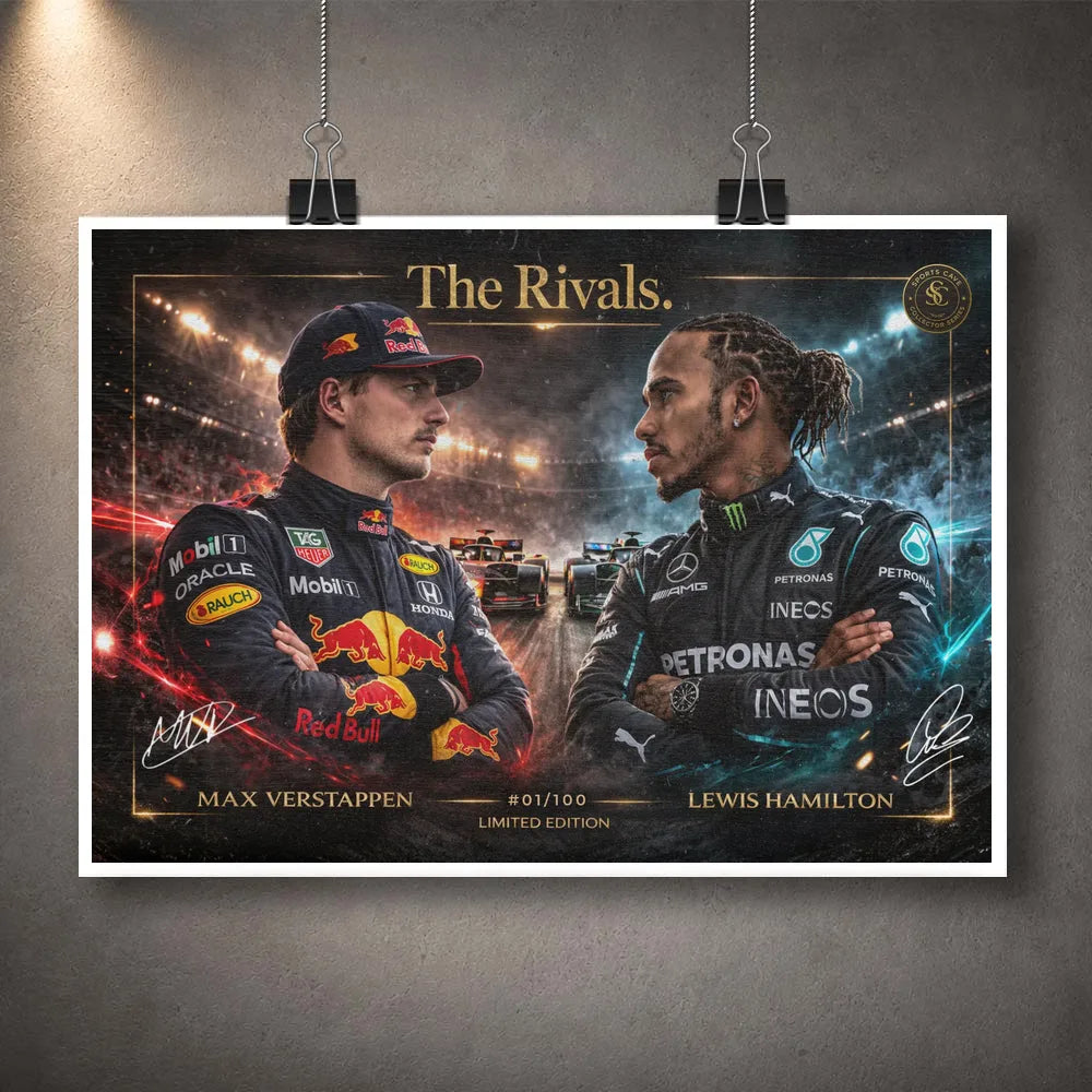 Unframed The Rivals Verstappen vs Hamilton motorsport poster for Formula 1 fans and serious racing art collectors.