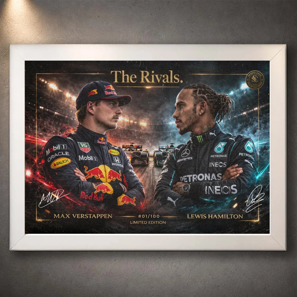 White framed The Rivals Verstappen vs Hamilton F1 wall art with clean collector styling for devoted motorsport fans.