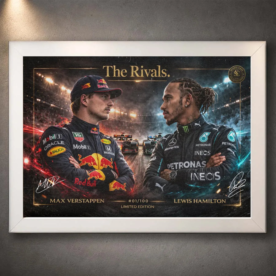 White framed The Rivals Verstappen vs Hamilton F1 wall art with clean collector styling for devoted motorsport fans.