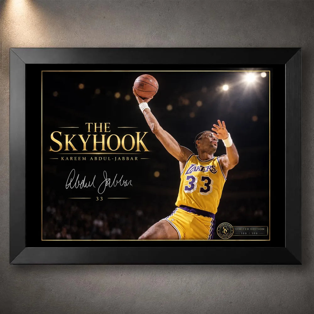 Black framed Kareem Abdul-Jabbar The Skyhook basketball wall art featuring his iconic No. 33 Lakers tribute design.