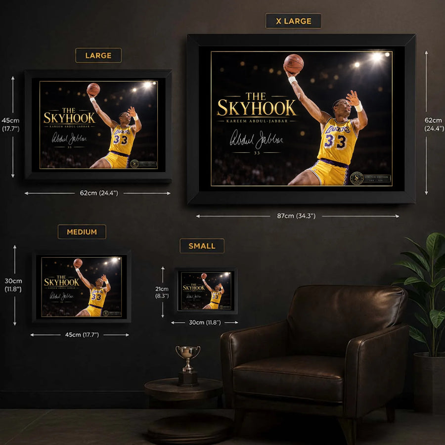 Kareem Abdul-Jabbar The Skyhook wall art size guide showing Small, Medium, Large and X Large framed dimensions.