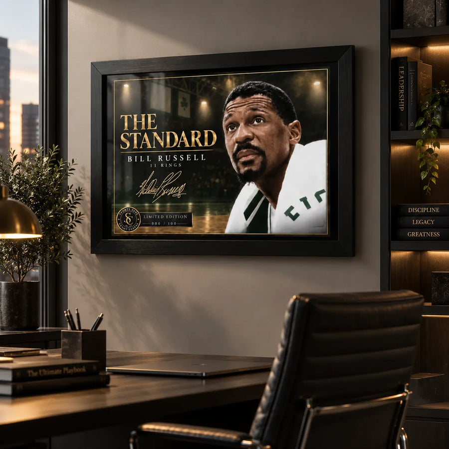 Bill Russell wall art displayed in a modern office, showing the black framed The Standard basketball collector design.