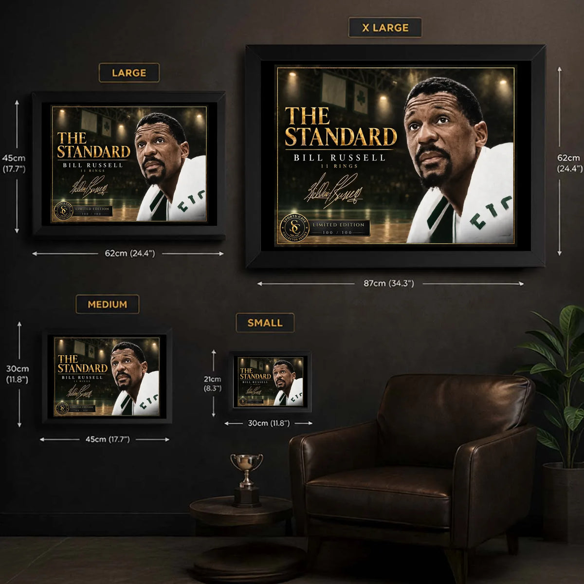 Bill Russell wall art size guide showing the available framed and unframed dimensions from small through extra large.