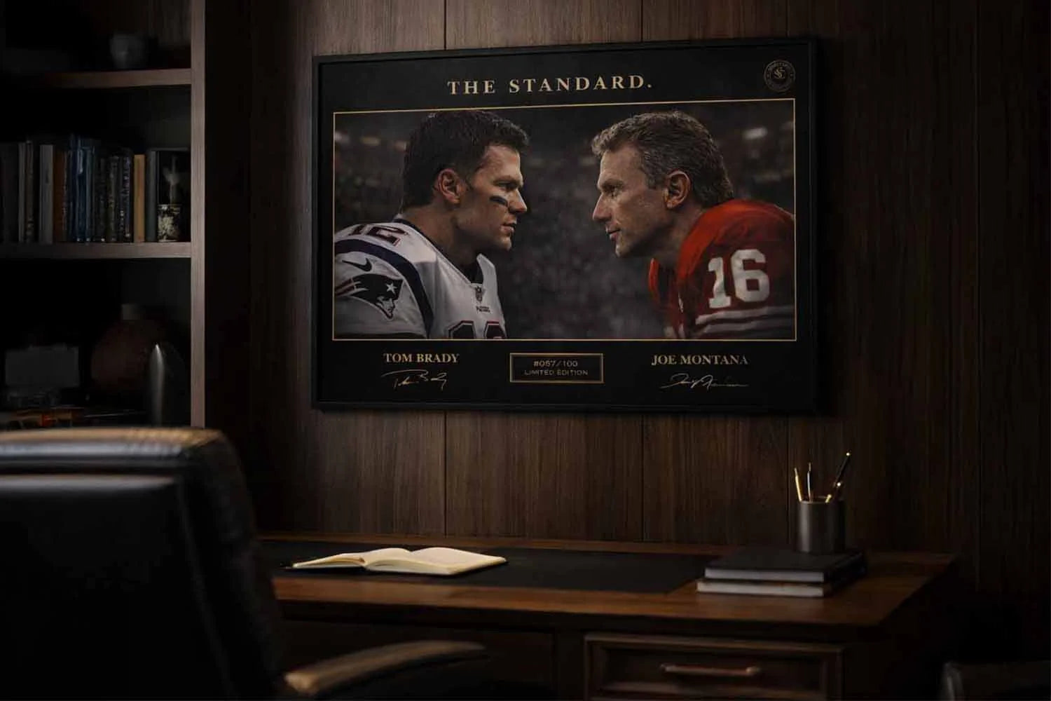 Premium framed sports art featuring Tom Brady facing Joe Montana in a dark office setting, showcasing NFL legacy and rivalry in a collectible wall display.