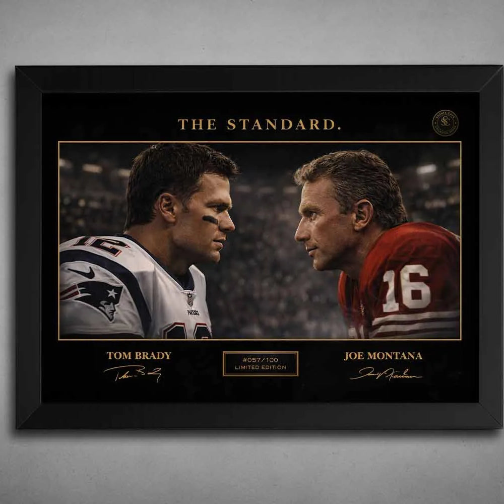 Black framed sports wall art featuring Tom Brady and Joe Montana face to face, premium collector design with dramatic NFL legacy focus.