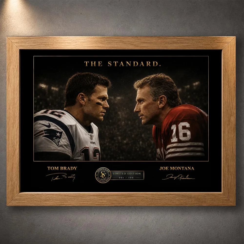 Oak framed Tom Brady vs Joe Montana NFL wall art featuring The Standard face-to-face collector artwork.
