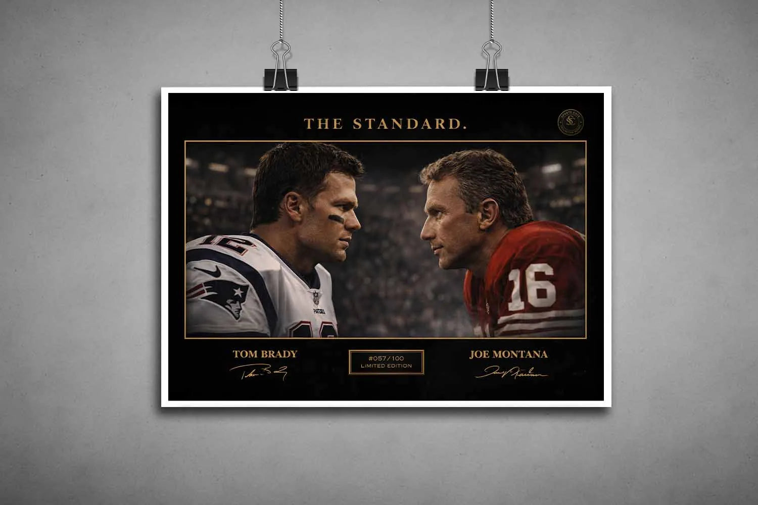 Unframed sports wall art print displaying Tom Brady and Joe Montana in a legendary NFL face-off, ideal for custom framing.