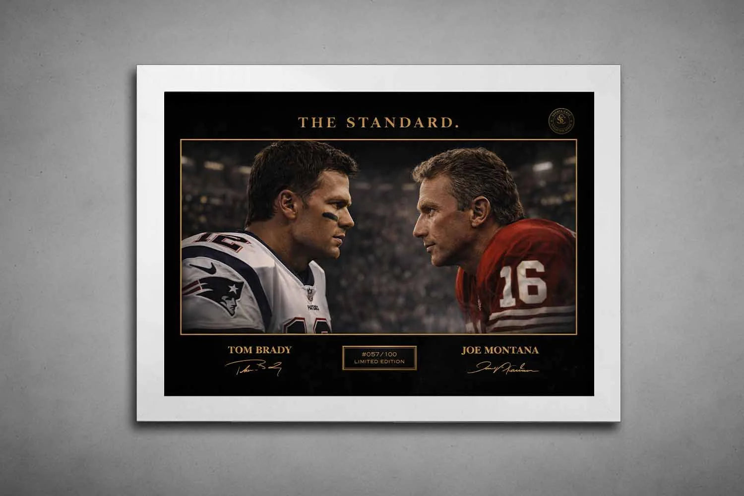 White framed sports art print of Tom Brady and Joe Montana rivalry, clean modern presentation balancing legacy and contemporary decor.