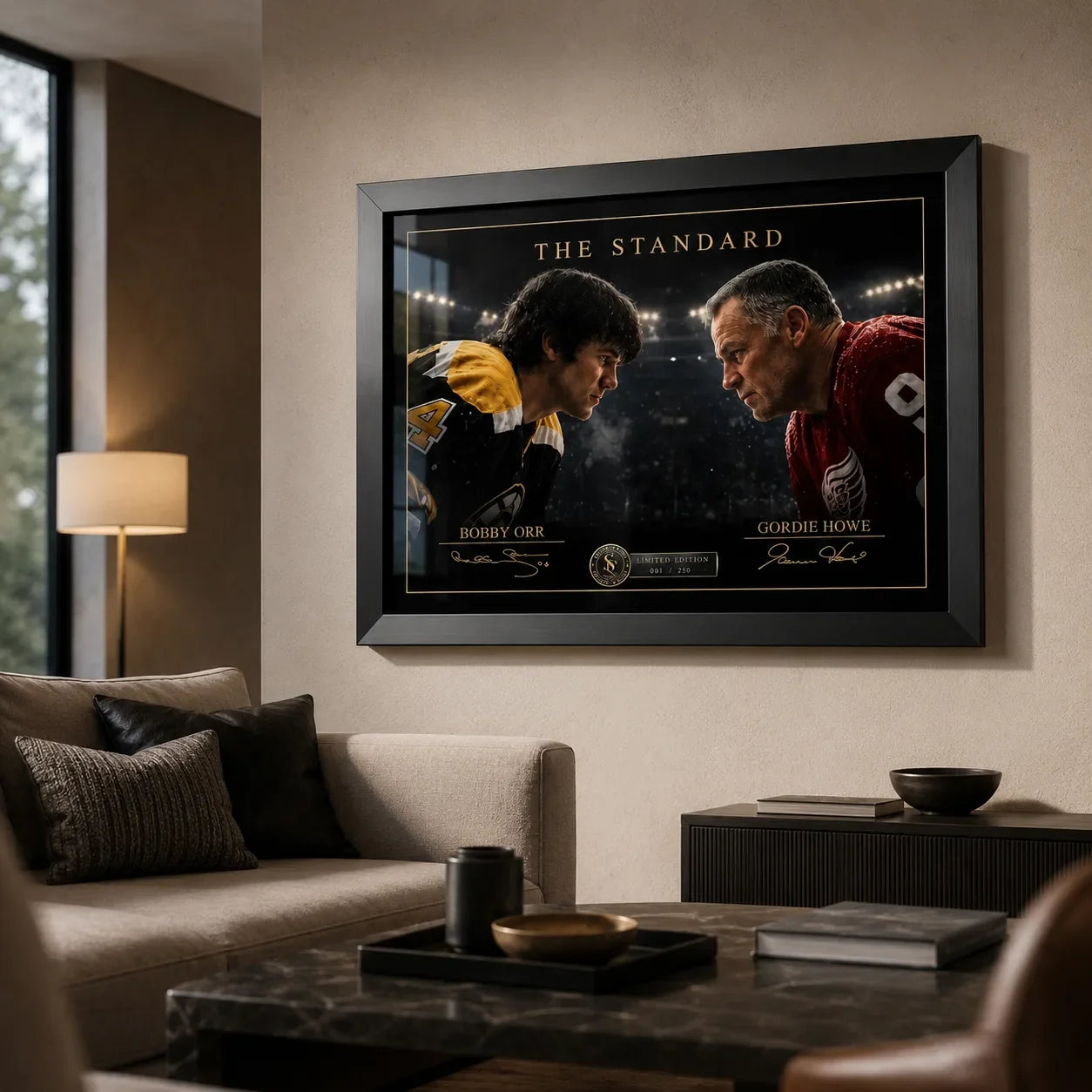 Black-framed Bobby Orr vs Gordie Howe hockey wall art displayed in a warm contemporary living room.