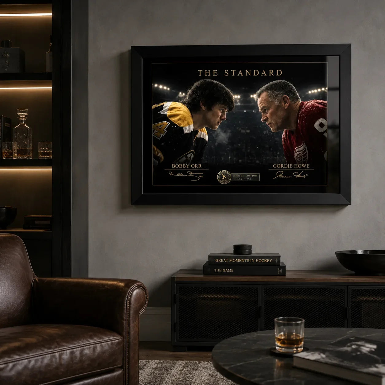 The Standard Bobby Orr vs Gordie Howe artwork displayed in a dark hockey-themed man cave with leather seating.