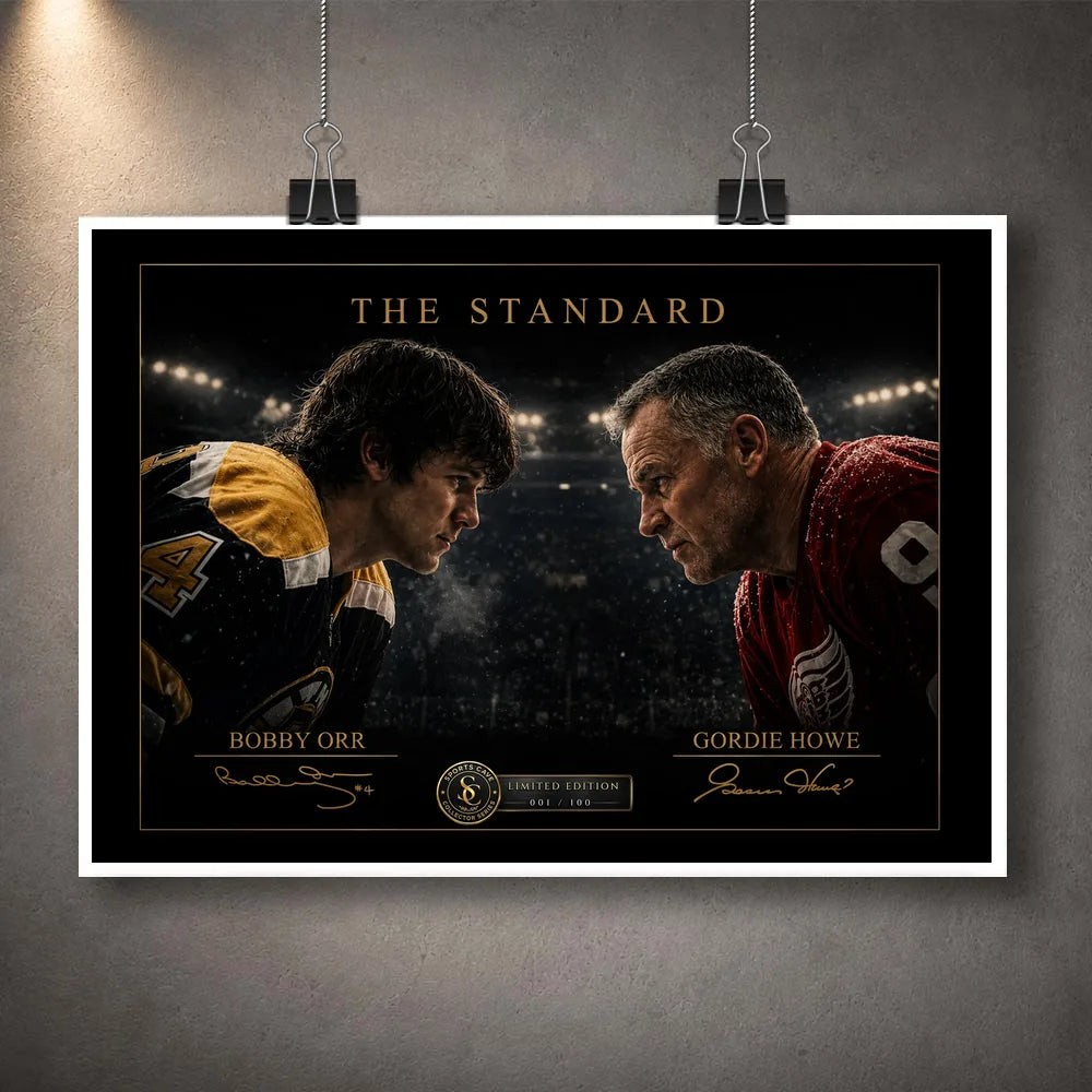 Unframed The Standard Bobby Orr vs Gordie Howe hockey wall art shown as a print with a clean white border.