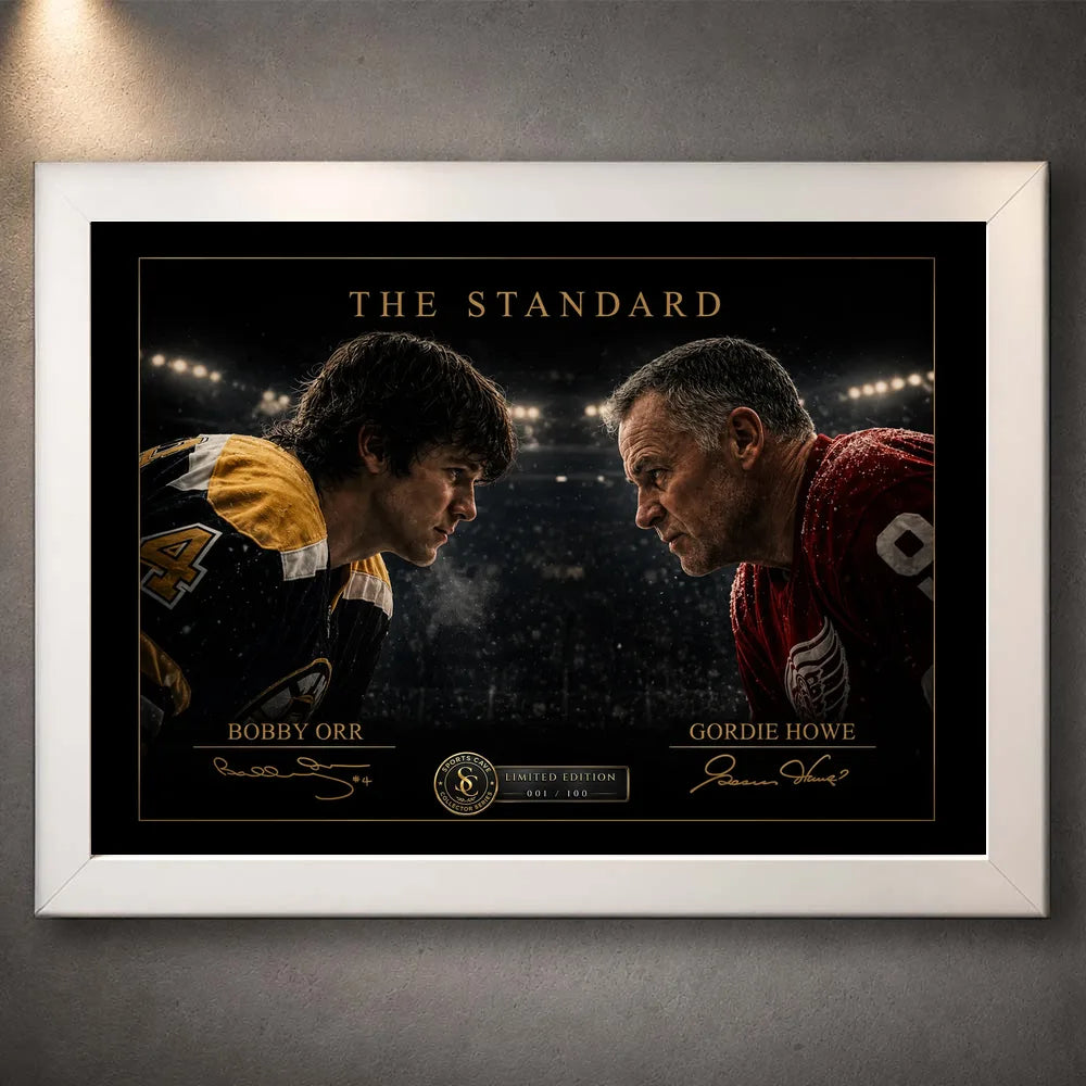 Bobby Orr and Gordie Howe face-off artwork in a clean white frame with premium black-and-gold styling.