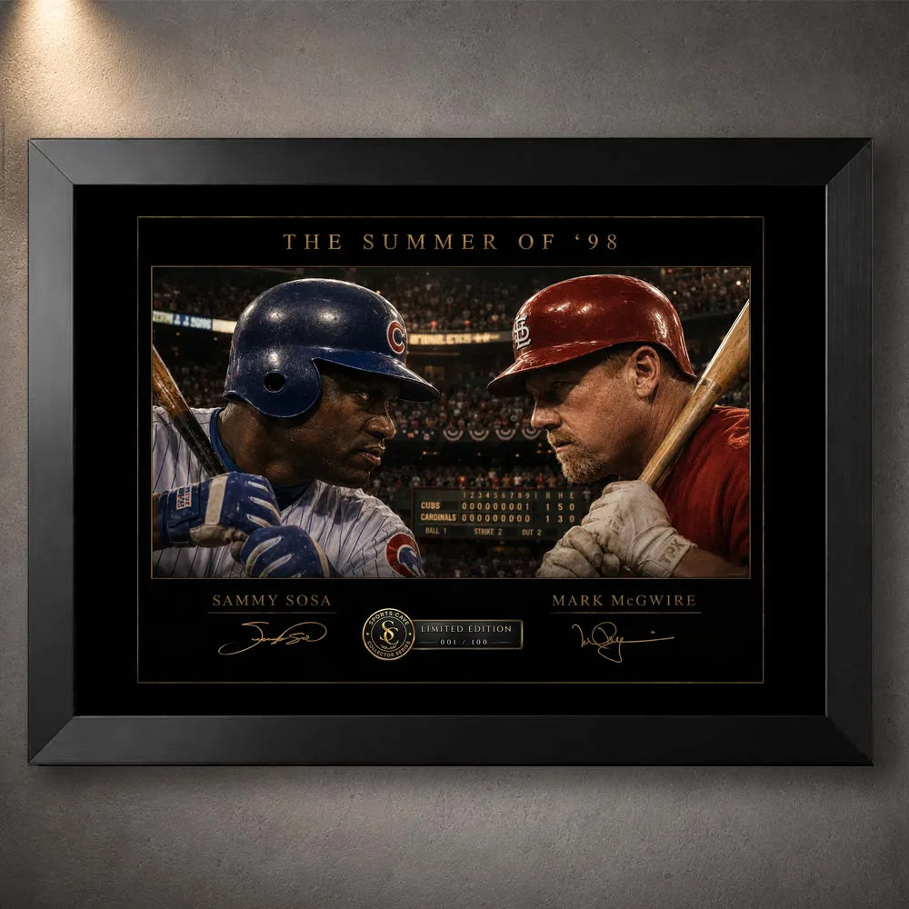 Black framed Sosa vs McGwire Summer of ’98 baseball wall art, a premium limited edition sports collectible.