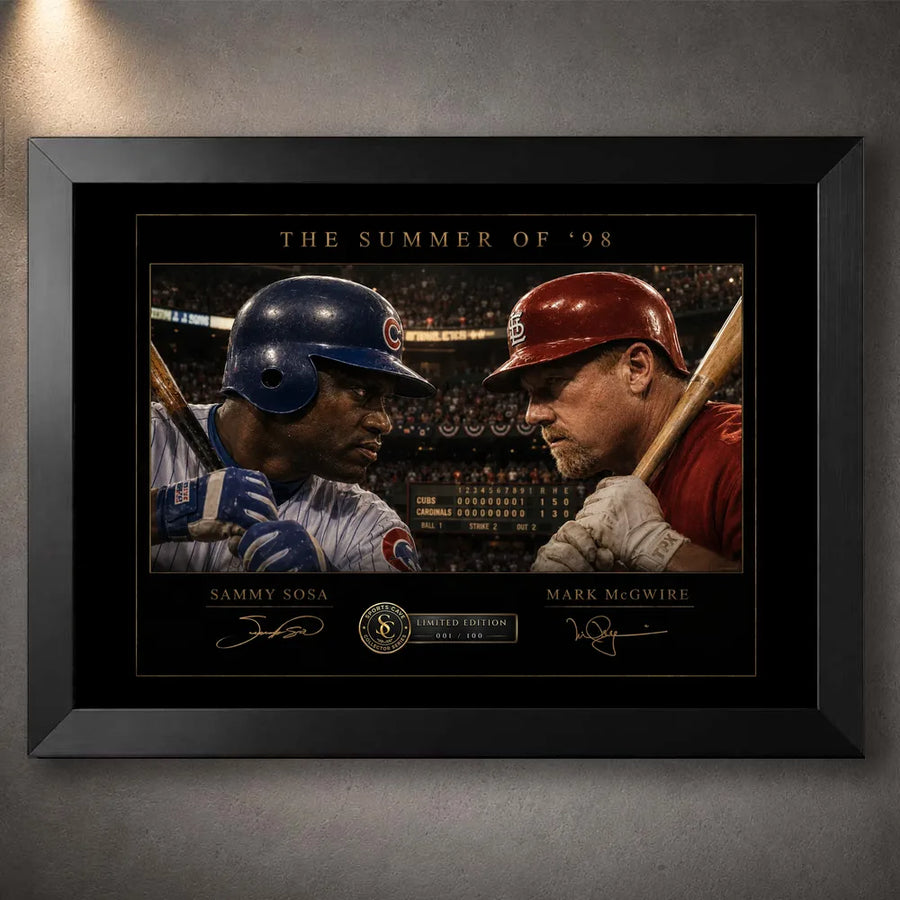 Black framed Sosa vs McGwire Summer of ’98 baseball wall art, a premium limited edition sports collectible.