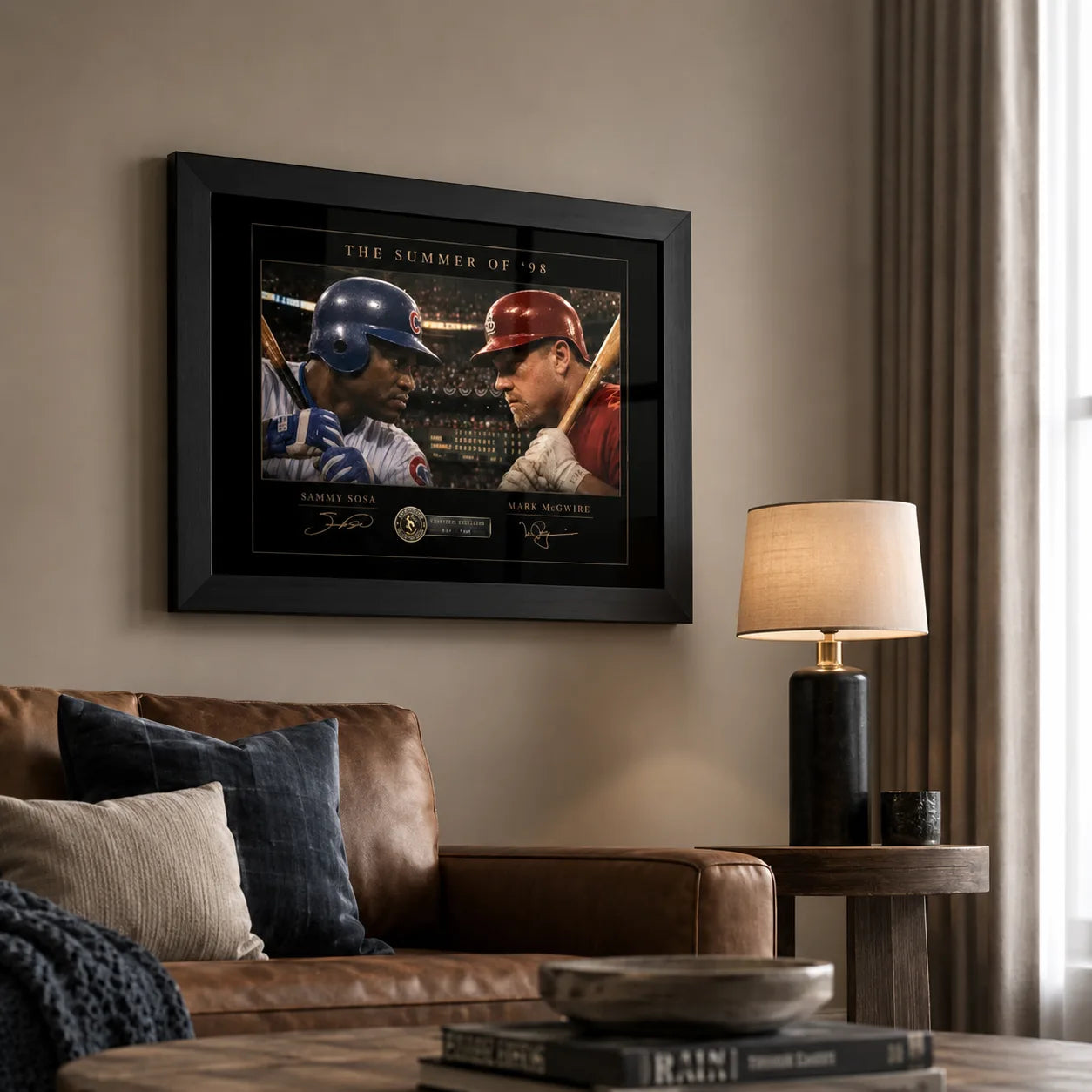 Sosa vs McGwire Summer of ’98 framed baseball wall art displayed above a leather sofa in a premium living room.