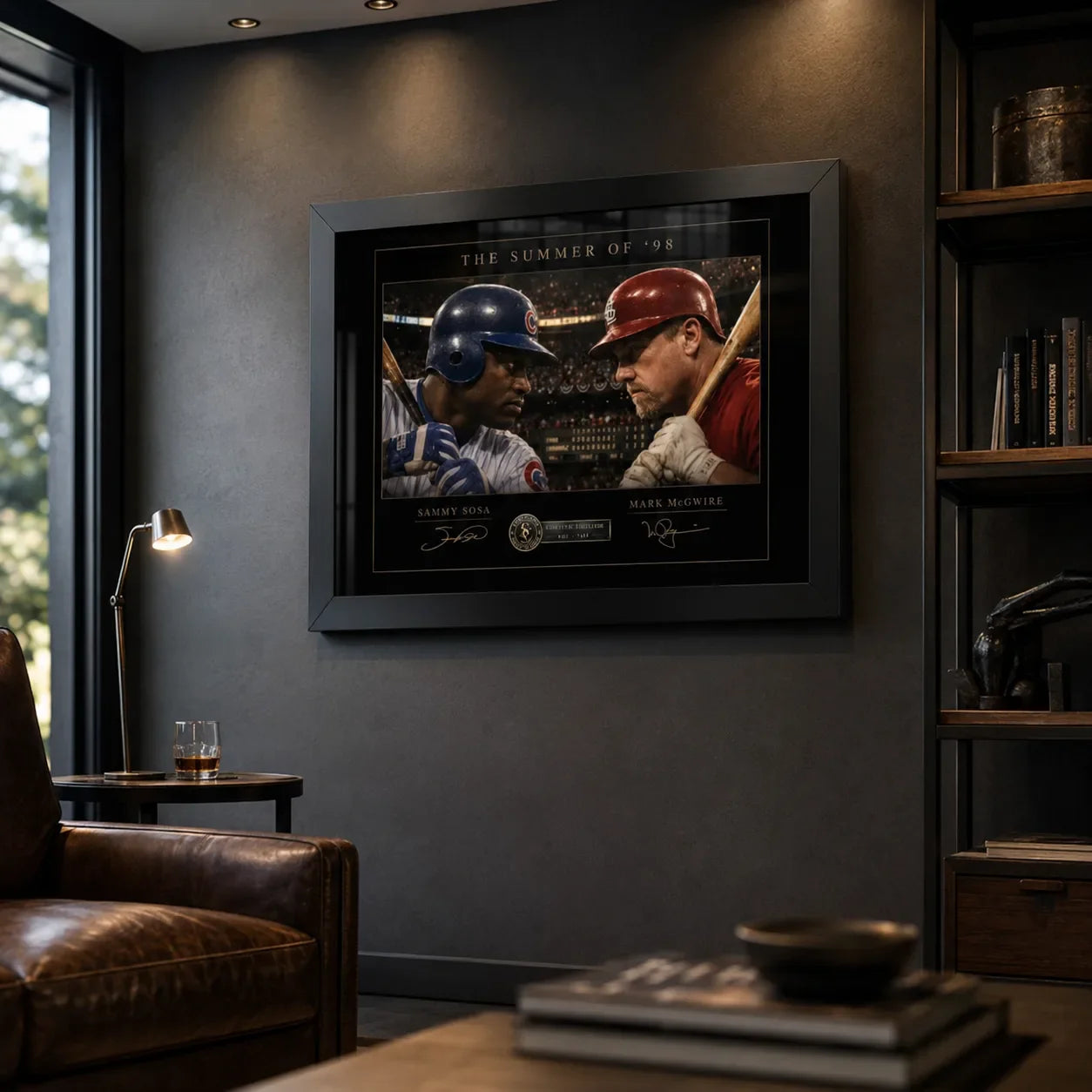 Sosa vs McGwire Summer of ’98 framed baseball wall art displayed in a dark premium man cave with leather seating.