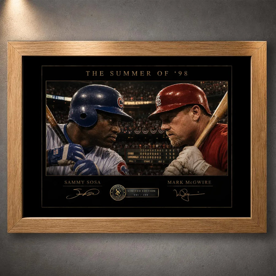 Oak framed Sosa vs McGwire Summer of ’98 baseball wall art, crafted as a premium limited edition sports collectible.