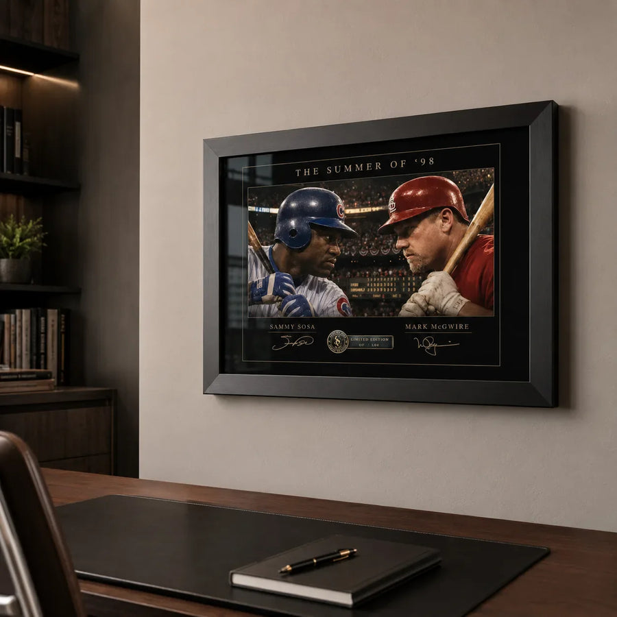 Sosa vs McGwire Summer of ’98 framed baseball wall art displayed above a desk in a refined modern home office.