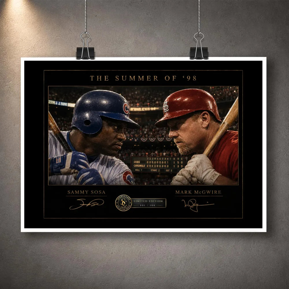 Unframed Sosa vs McGwire Summer of ’98 baseball wall art, a limited edition sports print for serious collectors.