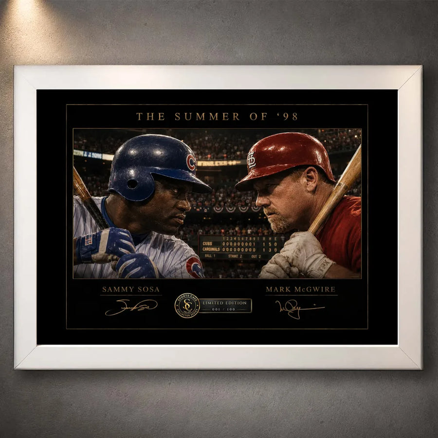 White framed Sosa vs McGwire Summer of ’98 baseball wall art, designed as a premium limited edition sports collectible.