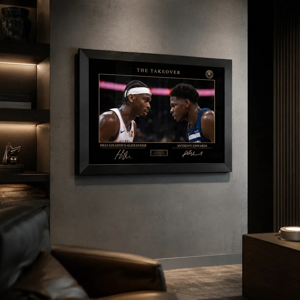 SGA vs Edwards framed NBA wall art mounted on a dark premium man cave wall with warm shelving.