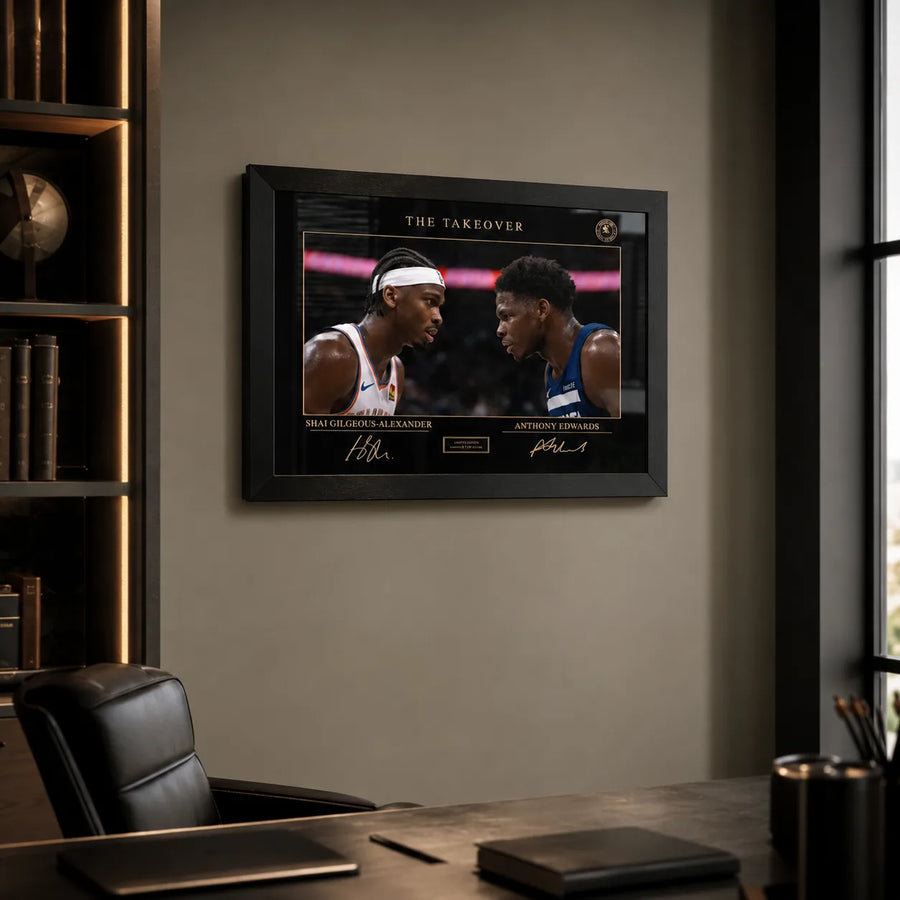 SGA vs Edwards framed sports art displayed in a refined modern office.