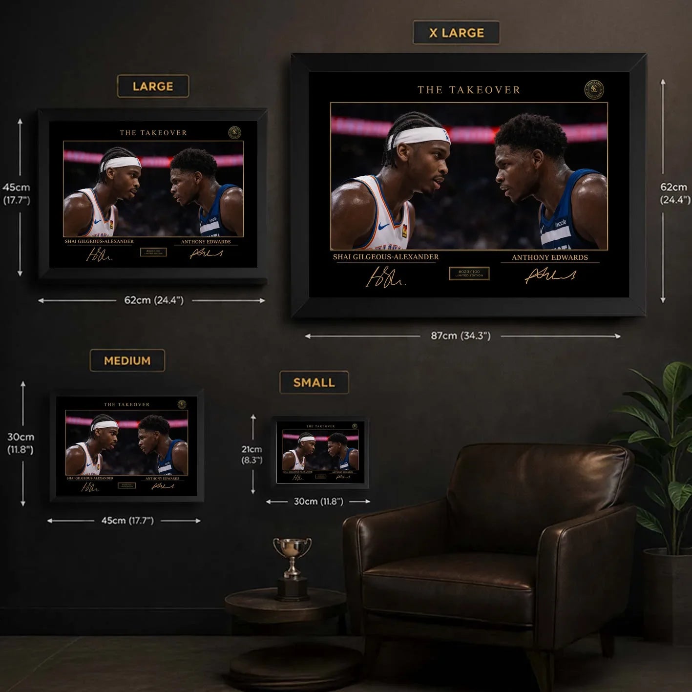 Size guide showing The Take Over framed basketball wall art in small, medium, large and XL dimensions.