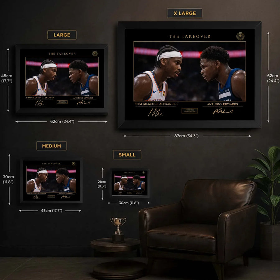 Size guide showing The Take Over framed basketball wall art in small, medium, large and XL dimensions.