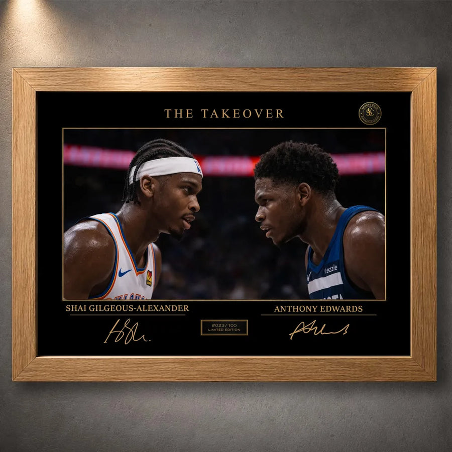 Oak-framed NBA wall art featuring SGA and Anthony Edwards in The Take Over faceoff.