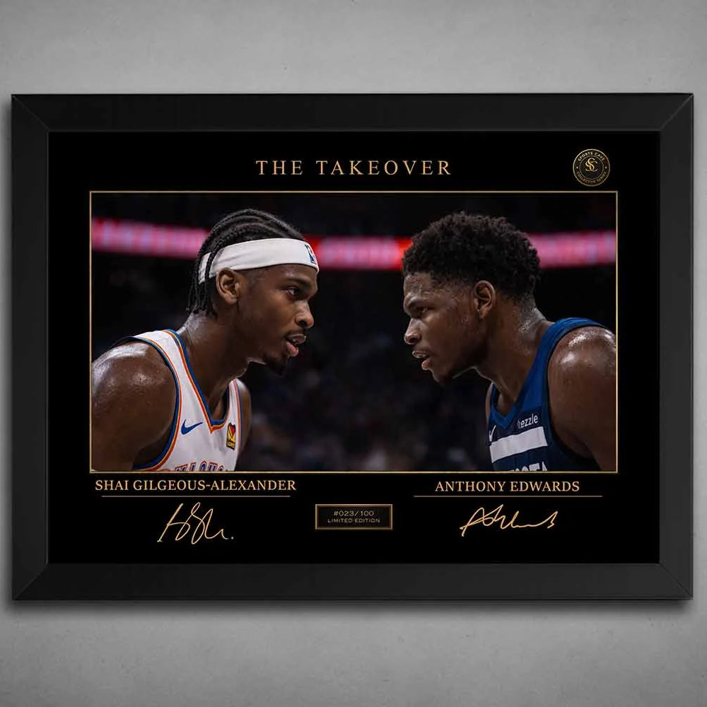 Black-framed artwork of Shai Gilgeous-Alexander vs Anthony Edwards faceoff, premium sports wall art with bold rivalry focus.