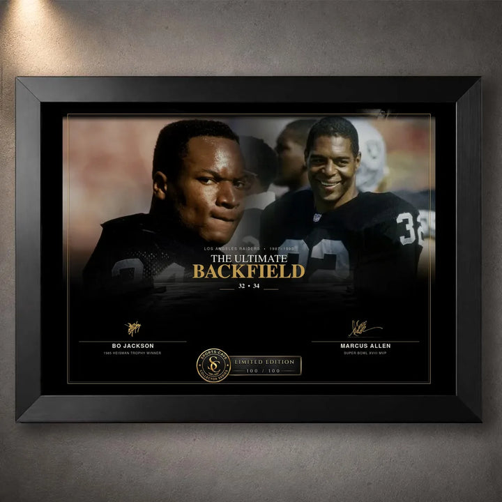 Black framed Bo Jackson and Marcus Allen NFL wall art featuring The Ultimate Backfield collector design.