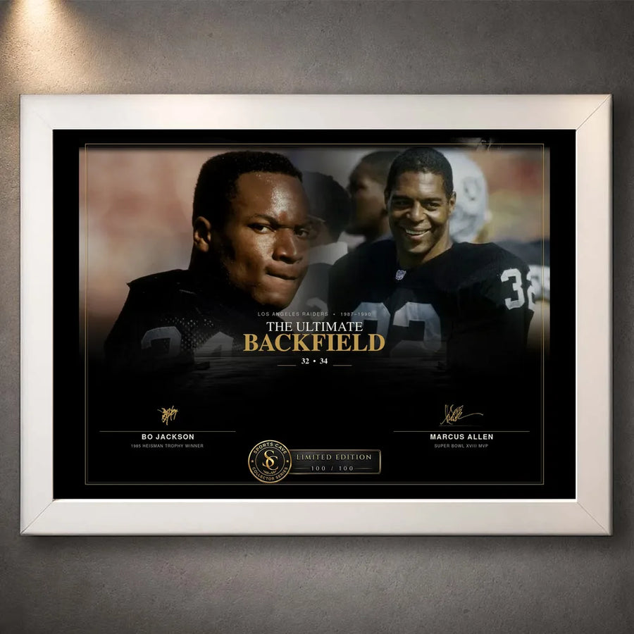White framed Bo Jackson and Marcus Allen NFL wall art featuring The Ultimate Backfield collector design.