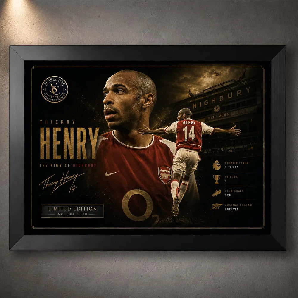 Thierry Henry Arsenal sports wall art in a black frame with Highbury-inspired collector artwork.