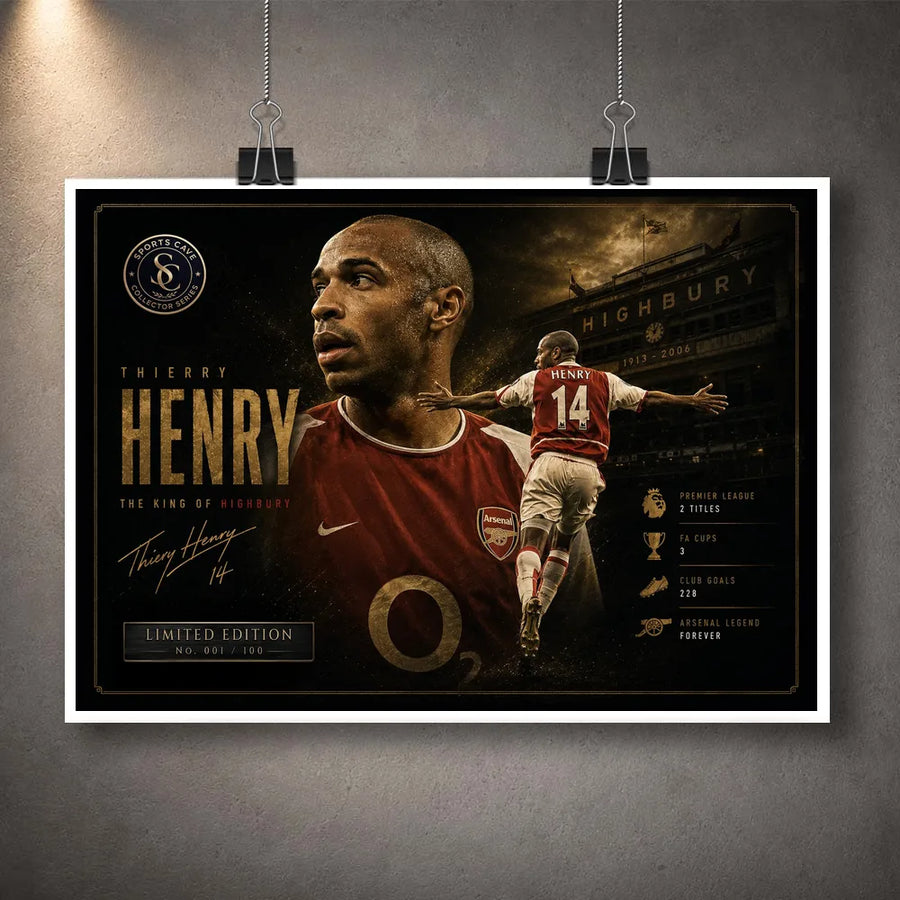 Unframed Thierry Henry Arsenal sports wall art print shown hanging with black binder clips.