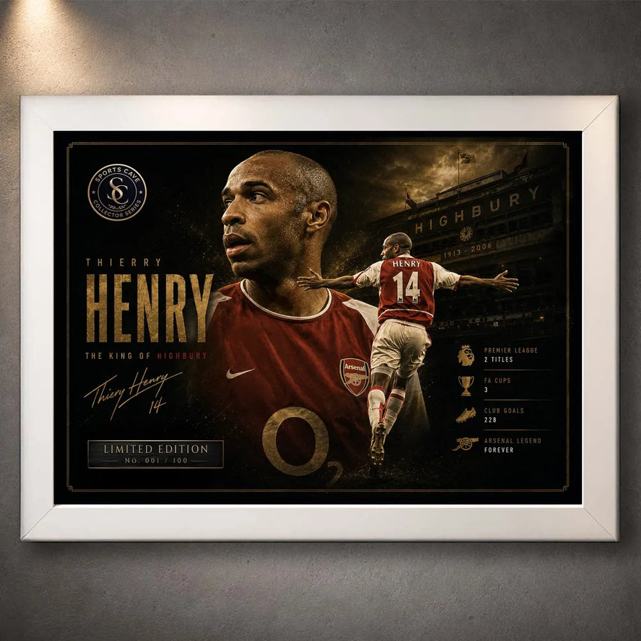Thierry Henry Arsenal sports wall art shown in a white frame against a textured gallery wall.