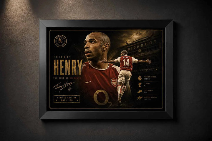 Thierry Henry Arsenal framed sports wall art in a black frame with premium collector-style design details.