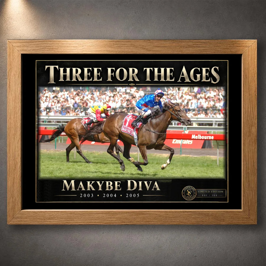 Oak framed Makybe Diva horse racing wall art featuring the Three For The Ages collector design.