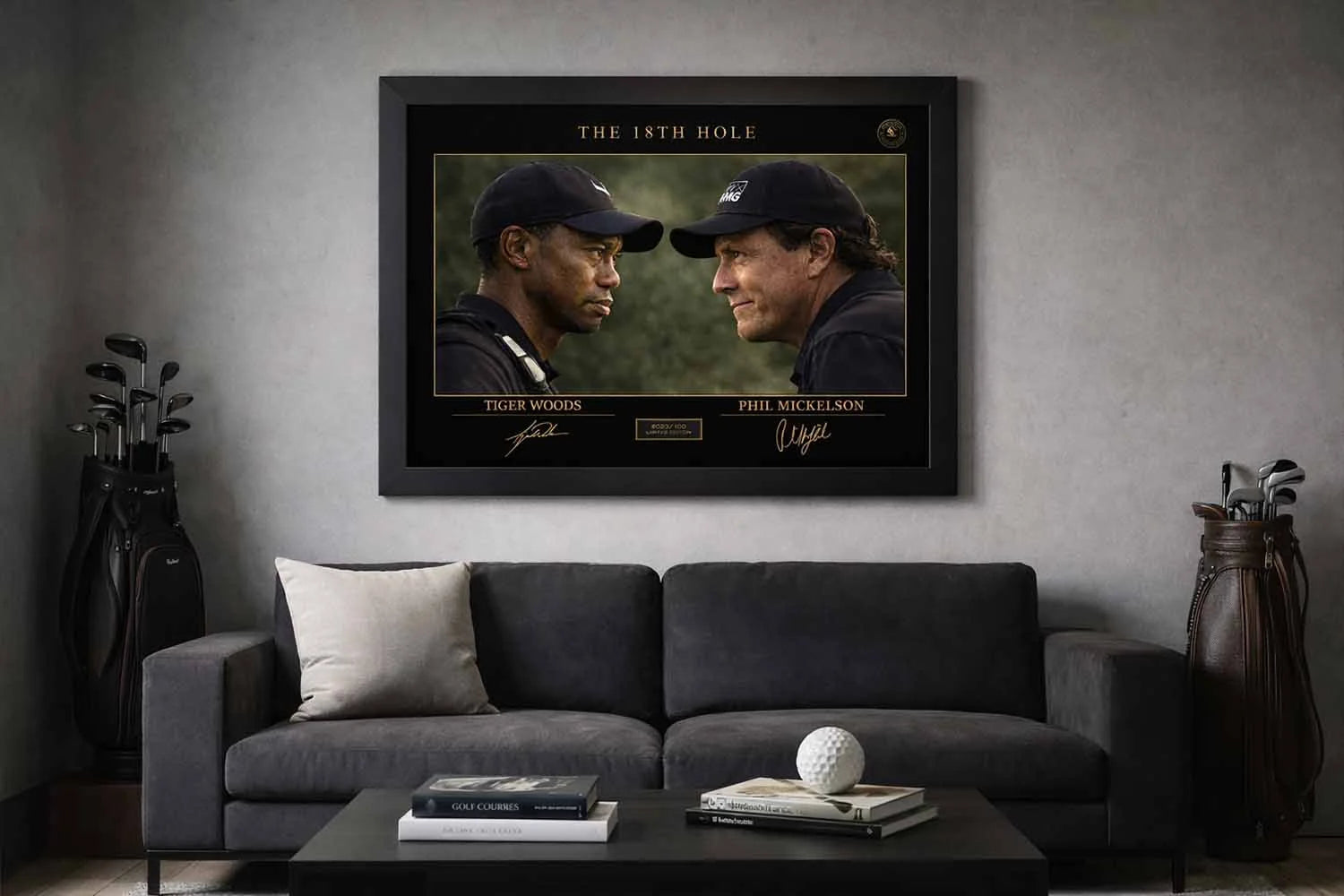 Tiger Woods and Phil Mickelson framed sports wall art displayed above modern sofa in stylish golf-themed man cave setting