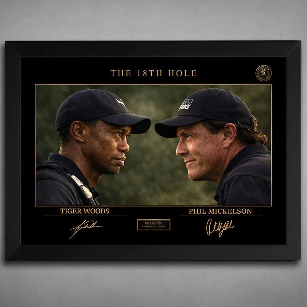 Tiger Woods vs Phil Mickelson rivalry artwork in sleek black frame, premium sports collectibles for golf fans and collectors