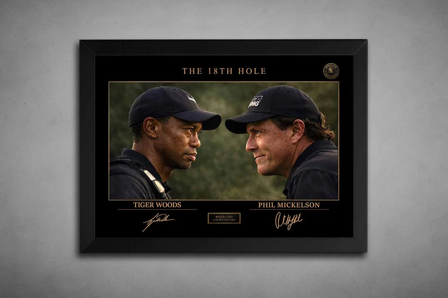 Tiger Woods vs Phil Mickelson rivalry artwork in sleek black frame, premium sports collectibles for golf fans and collectors