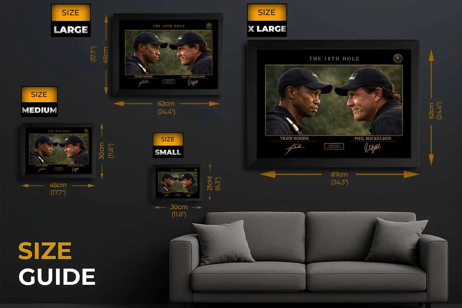 Golf wall art size guide featuring Tiger Woods vs Phil Mickelson framed sports art in small medium large and extra large