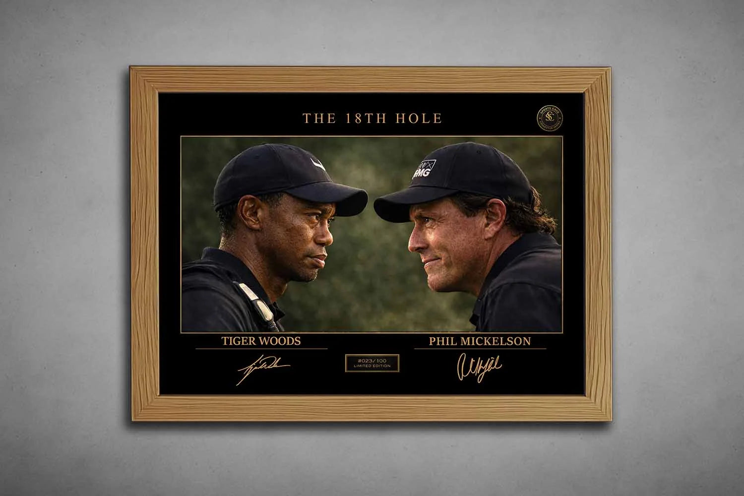Tiger Woods and Phil Mickelson rivalry artwork in oak frame finish, premium sports collectibles for golf enthusiasts