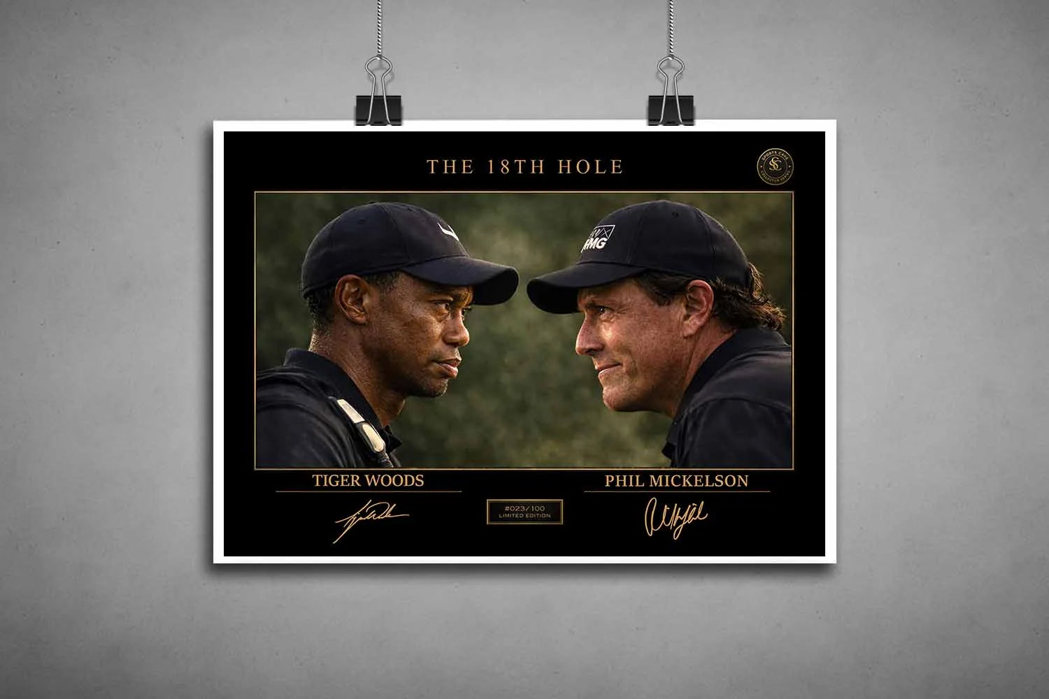 Unframed Tiger Woods vs Phil Mickelson sports wall art print featuring The 18th Hole design for golf collectors and fans