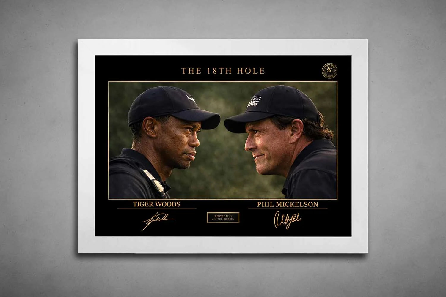 Tiger Woods and Phil Mickelson face off in The 18th Hole design, white frame edition premium sports collectibles artwork