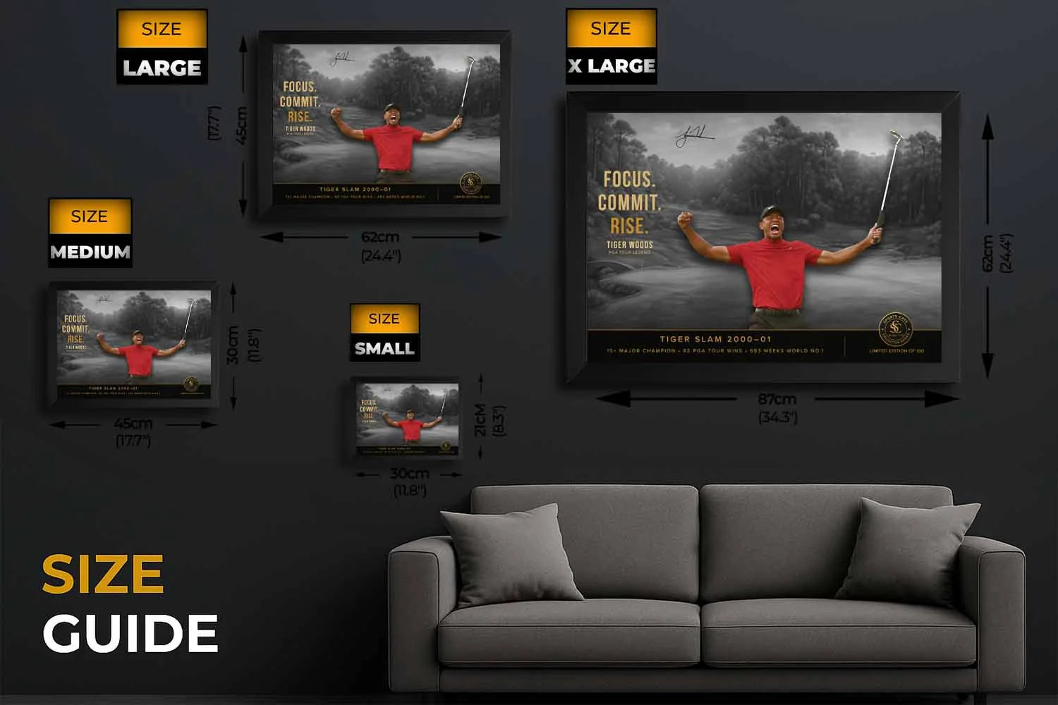 Tiger Woods motivational golf wall art size guide showing small, medium, large and extra large framed prints above a couch.