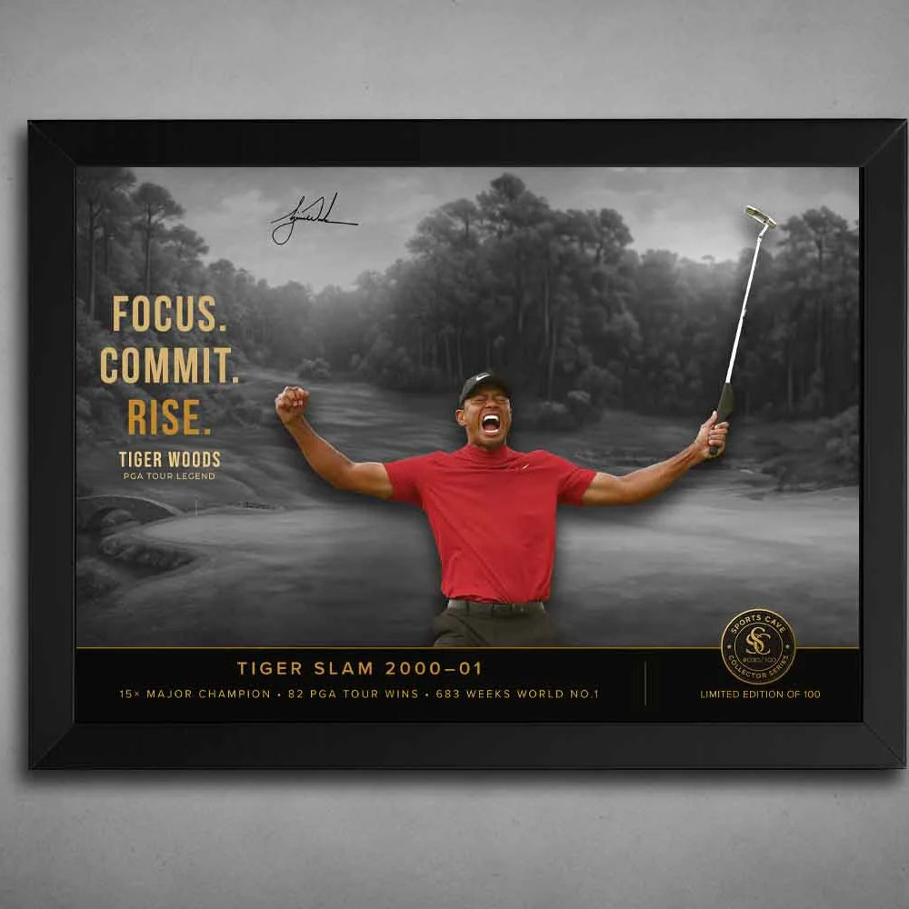 Tiger Woods Slam 2000–01 motivational golf wall art in black frame with limited edition collector plaque by Sports Cave.