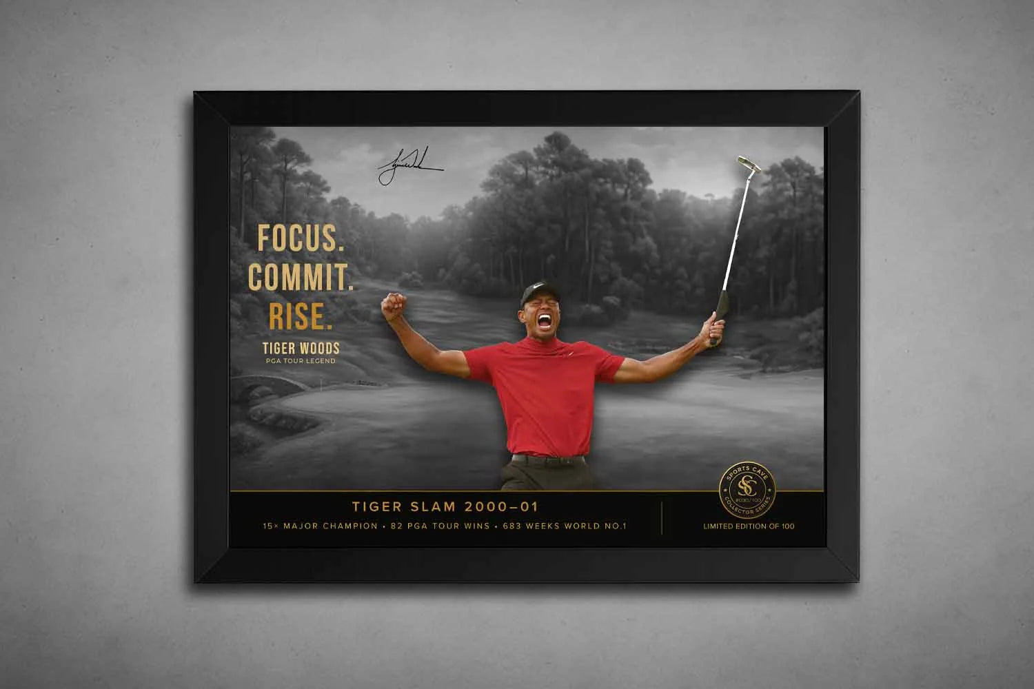 Tiger Woods Slam 2000–01 motivational golf wall art in black frame with limited edition collector plaque by Sports Cave.